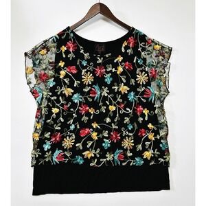 French Blue Womens Embroidered Top Size 2X Black Mesh Layered Romantic Whimsy